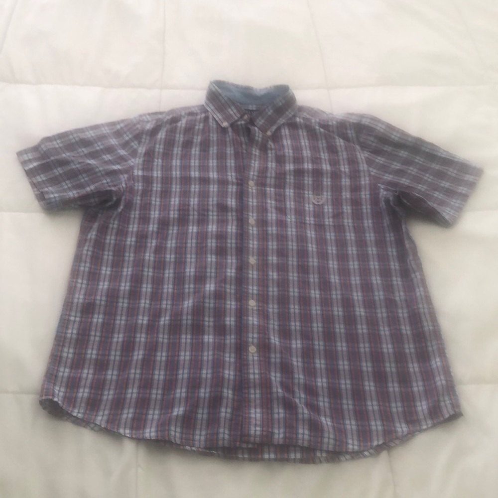 Chaps easy care short sleeve button down shirt atriped orange blue and white